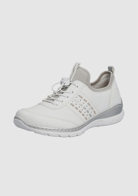 Ein weißer Sport-Schuh mit grauen Akzenten und Schnürsenkeln.