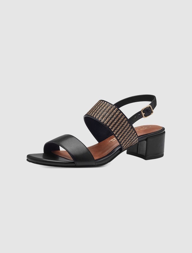 Schwarze Sandalen mit Blockabsatz und einem geflochtenen Riemen.