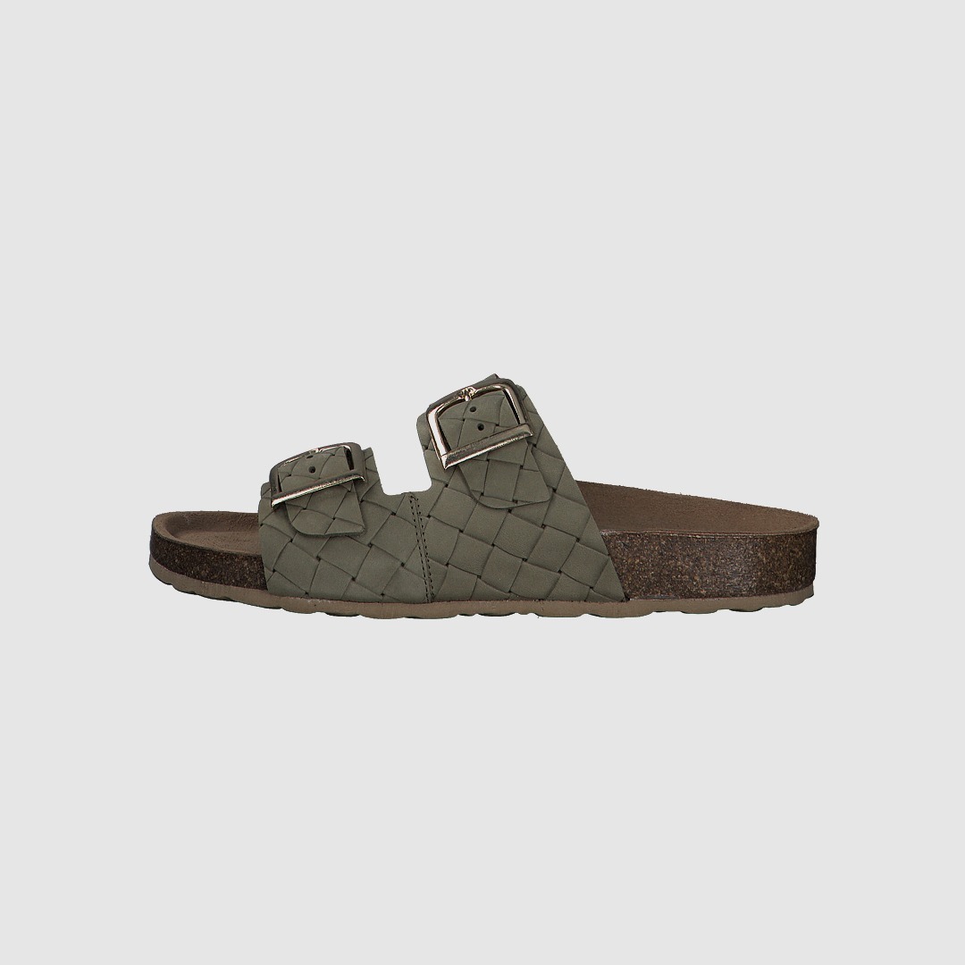 Ein grüner Schuh mit zwei Schnallen und einer geprägten Oberfläche.