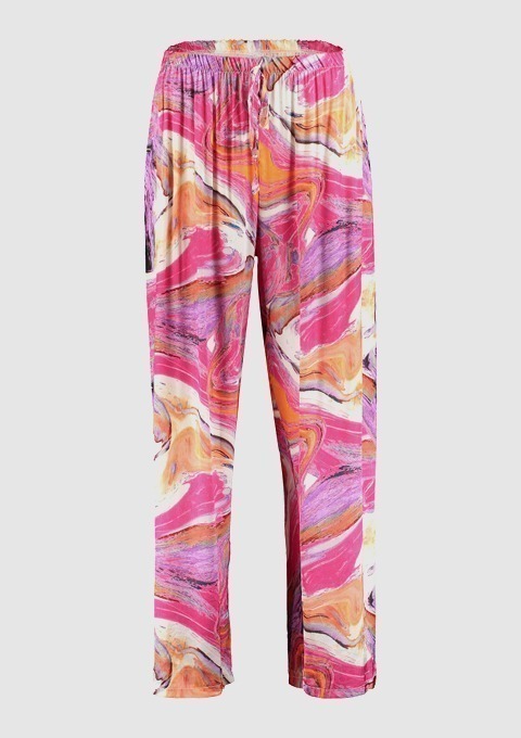 Bunte, gemusterte Damenhose mit elastischem Bund. Bunte, gemusterte Damenhose mit elastischem Bund.