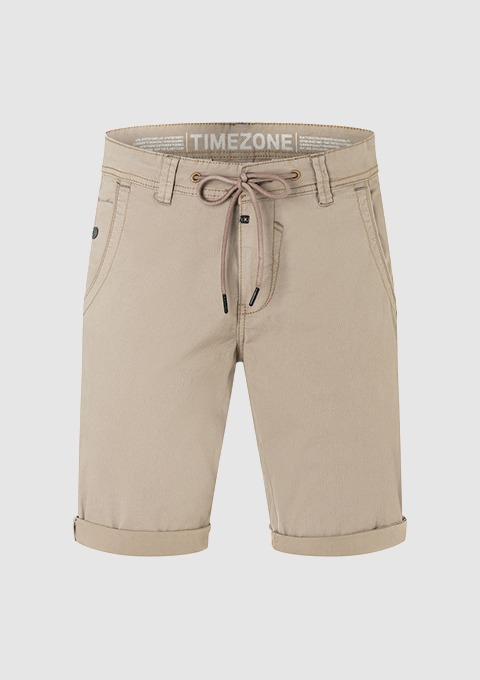 Beige Shorts mit Kordelzug und umgeschlagenem Saum. Beige Shorts mit Kordelzug und umgeschlagenem Saum.