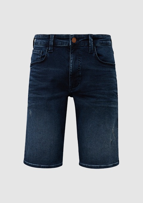 Dunkelblaue Jeans-Shorts mit leichten Abnutzungen. Dunkelblaue Jeans-Shorts mit leichten Abnutzungen.