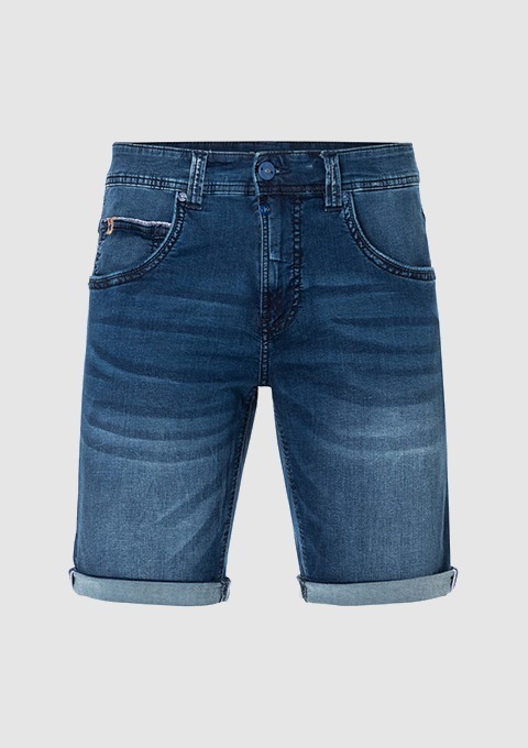 Denim-Shorts in dunkelblau mit umgeschlagenem Saum. Denim-Shorts in dunkelblau mit umgeschlagenem Saum.