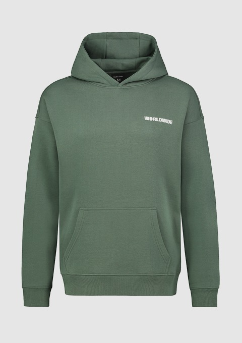 Grüne Kapuzenjacke mit der Aufschrift "WORLDWIDE" in Weiß.