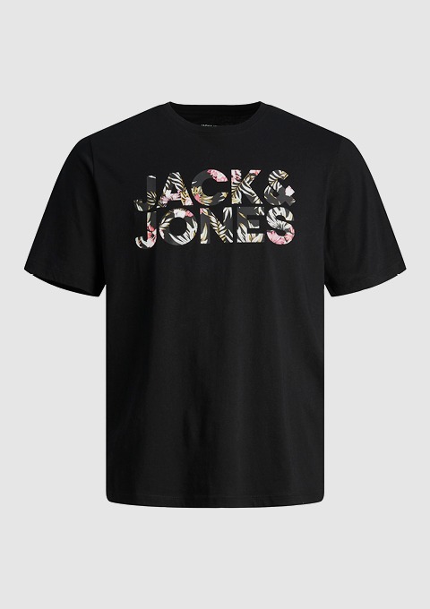 Schwarzes T-Shirt mit dem Schriftzug "JACK & JONES" in bunten, floralem Design.