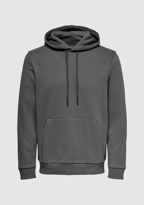 Grauer Hoodie mit Kängurutasche und Kapuze.