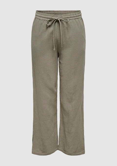 Beige Hose mit elastischem Bund und Kordelzug.