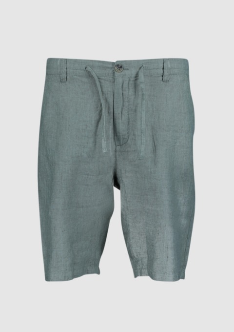 Graue Leinen-Shorts mit elastischem Bund und Knopf. Graue Leinen-Shorts mit elastischem Bund und Knopf.