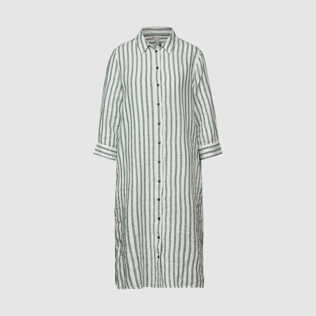 Ein gestreiftes, knielanges Hemdkleid in Grün- und Weißtönen mit Knopfverschluss und langen Ärmeln. Ein gestreiftes, knielanges Hemdkleid in Grün- und Weißtönen mit Knopfverschluss und langen Ärmeln.