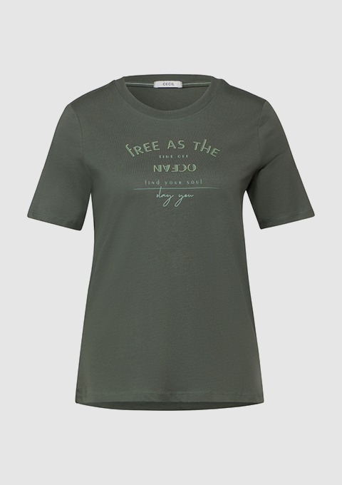 Olivenfarbenes T-Shirt mit kurzem Arm und Druckschrift: "FREE AS THE NYDO find your soul".