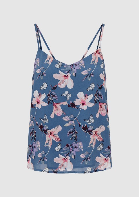 Ein ärmelloses Top mit floralem Muster in Blau und Rosa.
