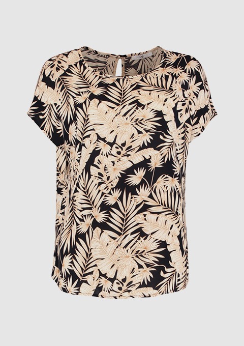 Ein schwarzes T-Shirt mit floralem Muster in Beige und verschiedenen Blättern.