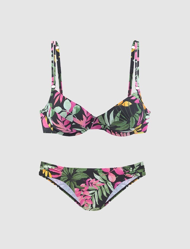 Bikini mit buntem, tropischem Blattmuster. Bikini mit buntem, tropischem Blattmuster.