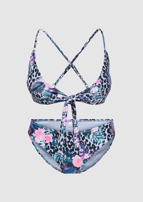 Ein floral gemusterter Bikini in Schwarz, Pink und Blau mit einem geknoteten Oberteil und einem Höschen. Ein floral gemusterter Bikini in Schwarz, Pink und Blau mit einem geknoteten Oberteil und einem Höschen.