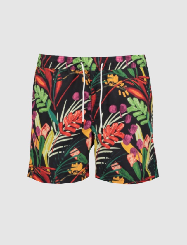 Bunte Badeshorts mit floralem Muster. Bunte Badeshorts mit floralem Muster.