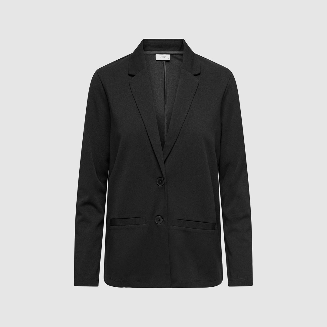 Schwarze Blazerjacke mit zwei Knöpfen und Taschen.