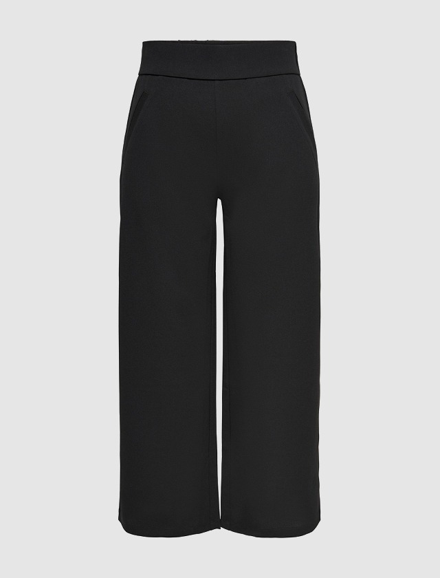 Schwarze, weite Hose mit elastischem Bund und Seitentaschen.