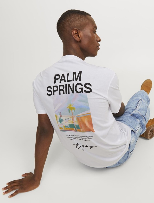 Ein junger Mann sitzt in einem weißen T-Shirt mit dem Schriftzug "PALM SPRINGS" und einer bunten Grafik auf der Rückseite.