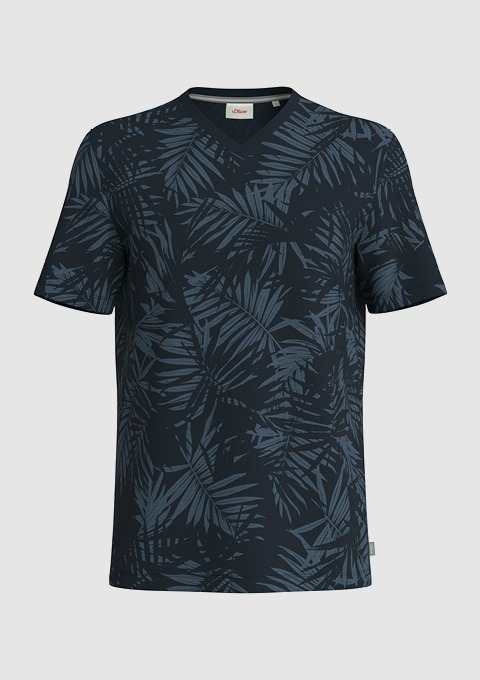 Ein dunkelblaues T-Shirt mit einem Blattmuster.