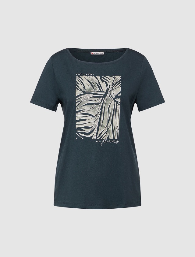 Ein dunkelblaues T-Shirt mit einem Blattmotiv und dem Schriftzug "no rain no flowers".