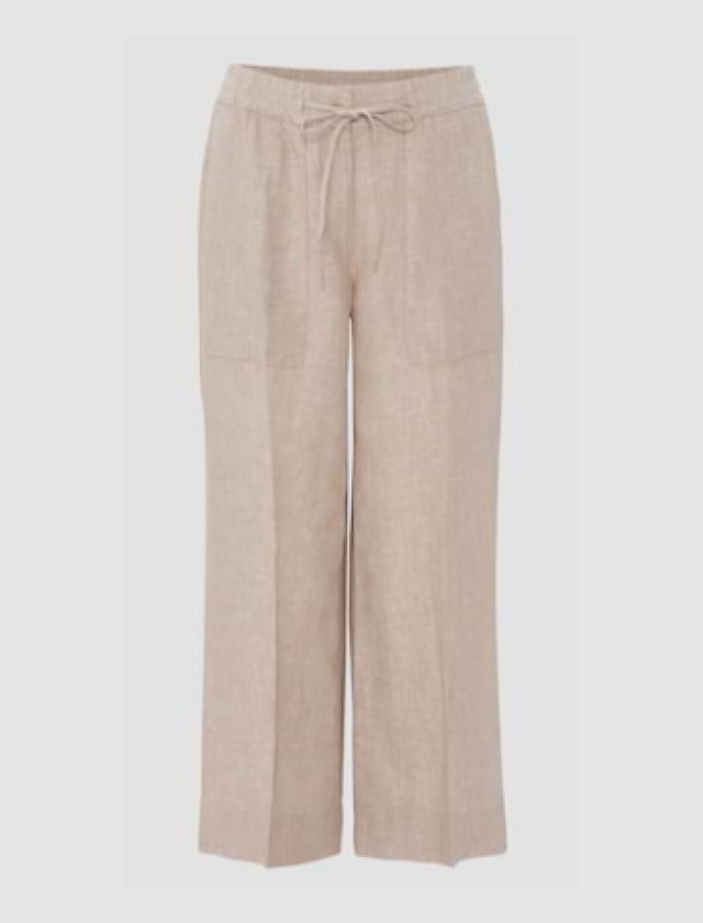 Beige, weite Hose mit Kordelzug.