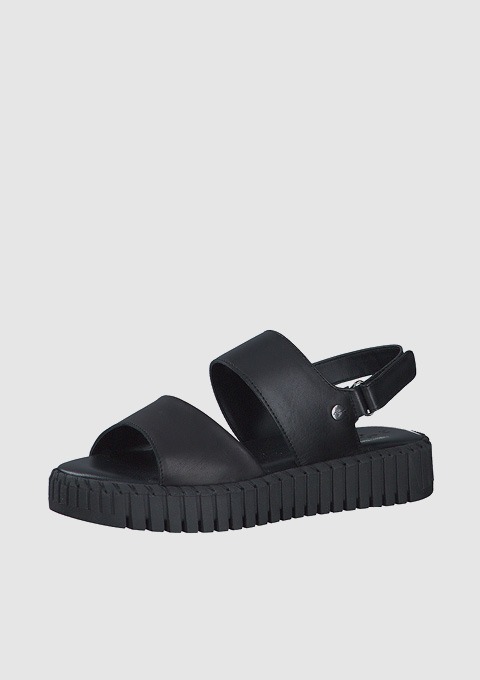 Schwarze Sandalen mit zwei oberen Riemen und einer profilierten Sohle.