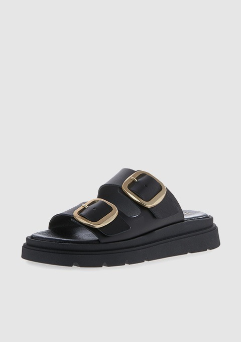 Schwarze Sandalen mit zwei goldenen Schnallen.