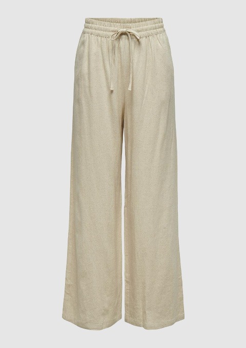 Beige, weit geschnittene Hose mit elastischem Bund und Kordelzug.