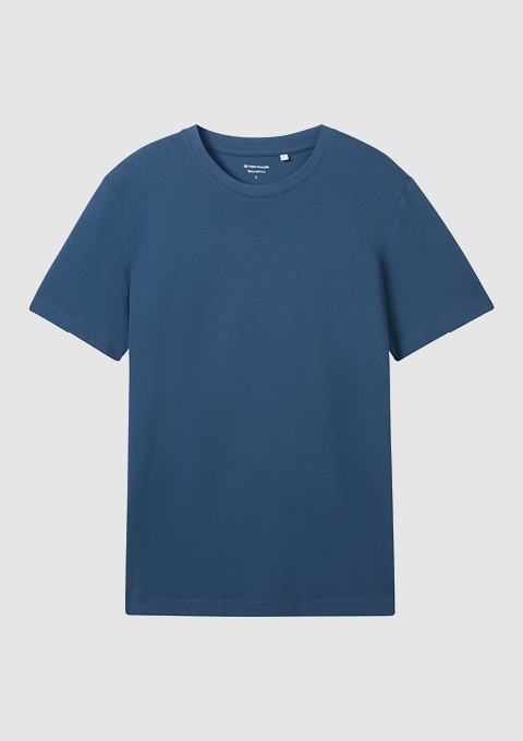 Ein blaues T-Shirt mit Rundhalsausschnitt.