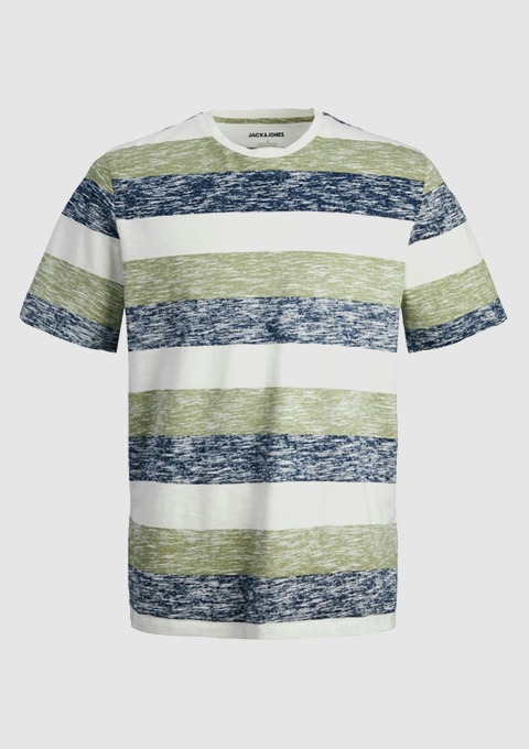 Ein T-Shirt mit gestreiftem Muster in Grün, Blau und Weiß.