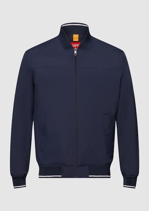 Dunkelblaue Jacke mit Reißverschluss und Stehkragen.