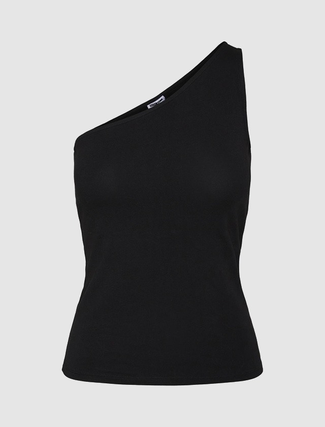 Schwarzes Ein-Schulter-Top. Schwarzes Ein-Schulter-Top.