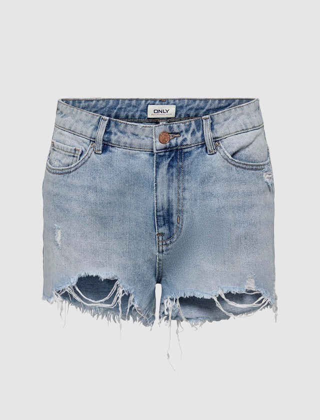 Kurz geschnittene Jeansshorts in heller Waschung mit fransigen Säumen. Kurz geschnittene Jeansshorts in heller Waschung mit fransigen Säumen.