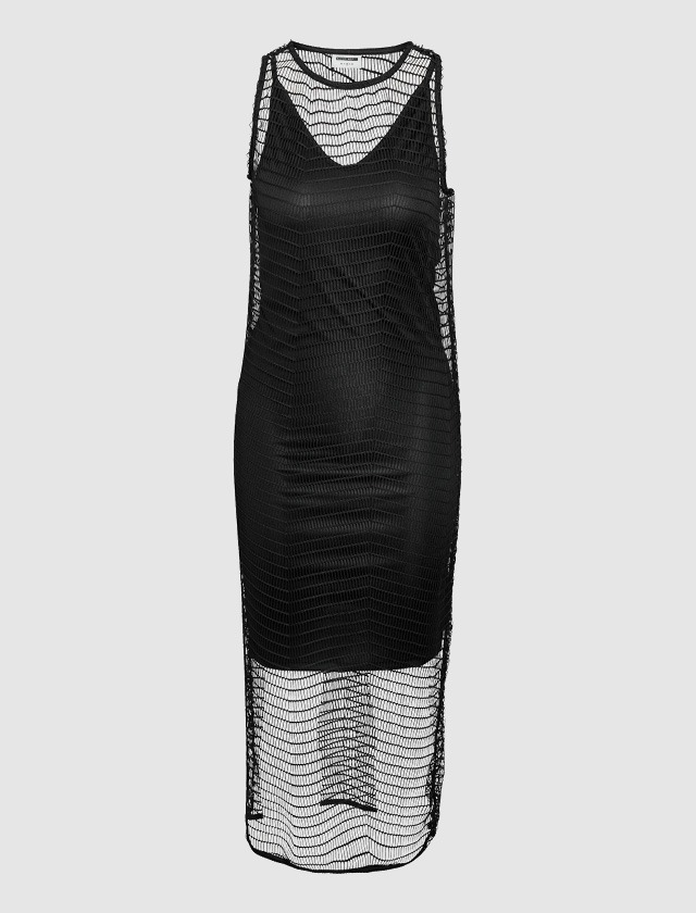 Ein schwarzes, ärmelloses Netzkleid. Ein schwarzes, ärmelloses Netzkleid.