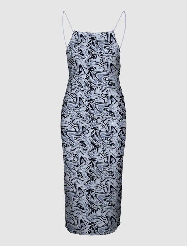 Ein ärmelloses, figurbetontes Kleid mit einem marmorierten Muster in Schwarz und Grau. Ein ärmelloses, figurbetontes Kleid mit einem marmorierten Muster in Schwarz und Grau.
