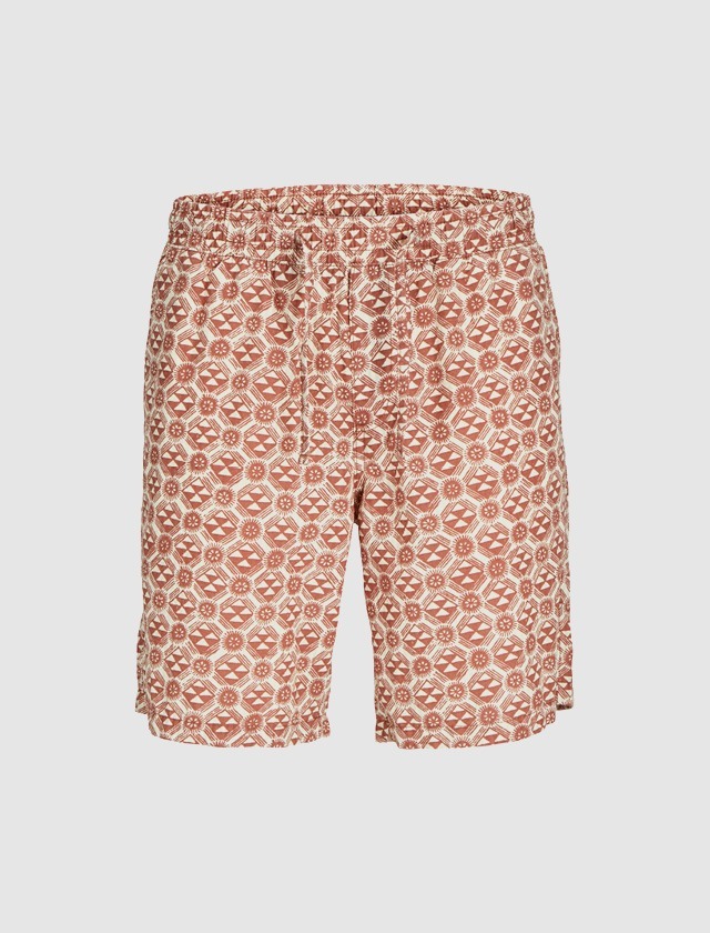Gestreifte Shorts mit einem Muster in Erdtönen. Gestreifte Shorts mit einem Muster in Erdtönen.