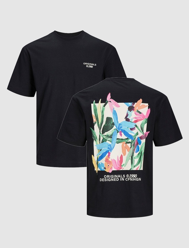 Schwarzes T-Shirt mit buntem, floralem Druck auf der Rückseite und „ORIGINALS © 1990“ Schriftzug. Schwarzes T-Shirt mit buntem, floralem Druck auf der Rückseite und "ORIGINALS © 1990" Schriftzug.