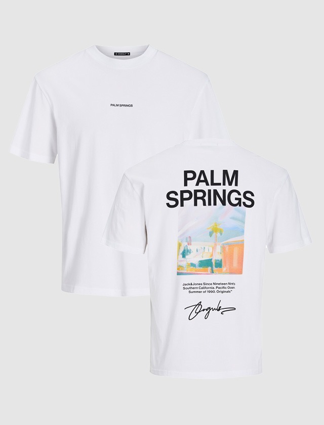 Ein weißes T-Shirt mit dem Aufdruck „PALM SPRINGS“ vorne und einem farbigen Motiv sowie weiteren Texten auf der Rückseite. Ein weißes T-Shirt mit dem Aufdruck "PALM SPRINGS" vorne und einem farbigen Motiv sowie weiteren Texten auf der Rückseite.