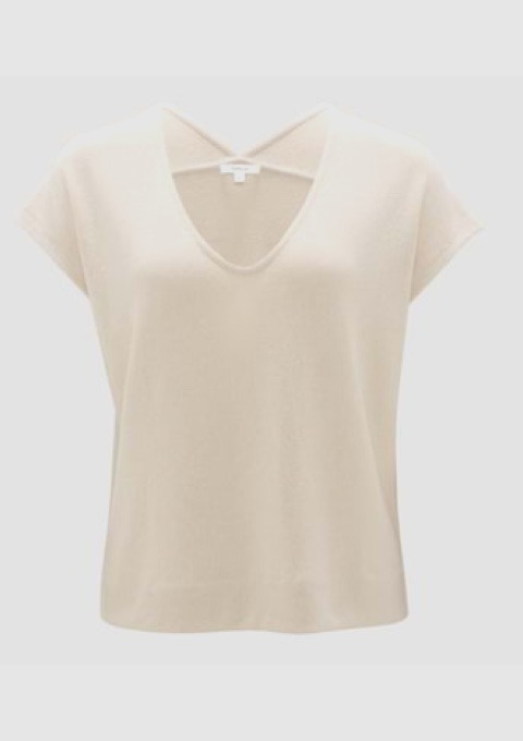 Beige T-Shirt mit V-Ausschnitt und kurzen Ärmeln. Beige T-Shirt mit V-Ausschnitt und kurzen Ärmeln.