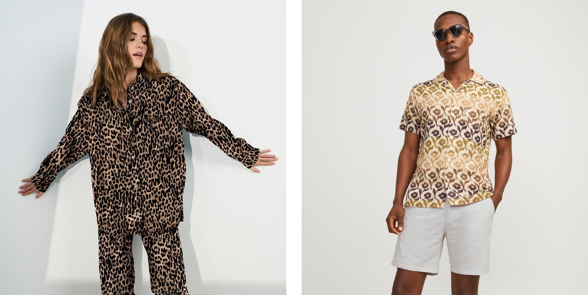 Ein Outfit mit einem weiblichen Modell in einem Leopardenmuster und einem männlichen Modell in einem blumigen Hemd.