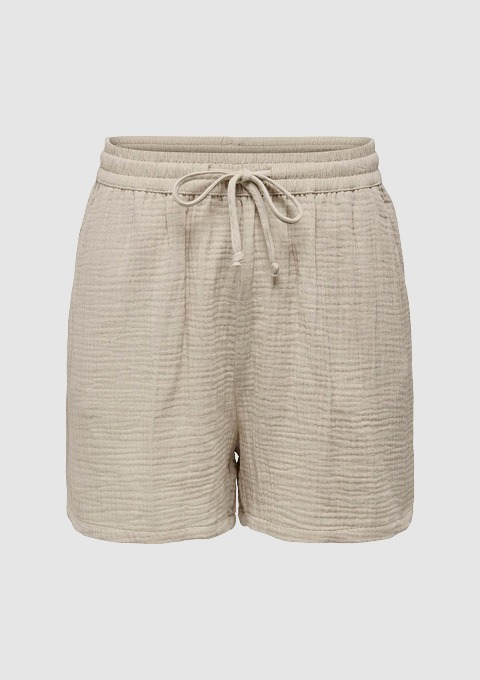 Beige Shorts aus angerautem Material mit Kordelzug.