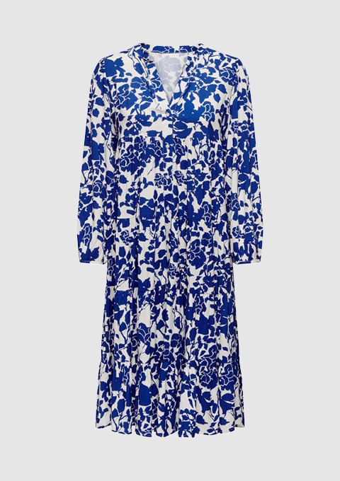 Ein blau-weißes Blumenkleid mit langen Ärmeln und V-Ausschnitt.