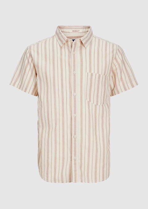 Kurzarmhemd mit Streifenmuster in Beige und Rot.
