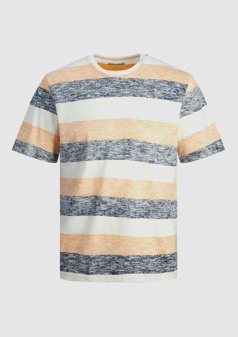 Ein gestreiftes T-Shirt in Weiß, Blau und Orange.