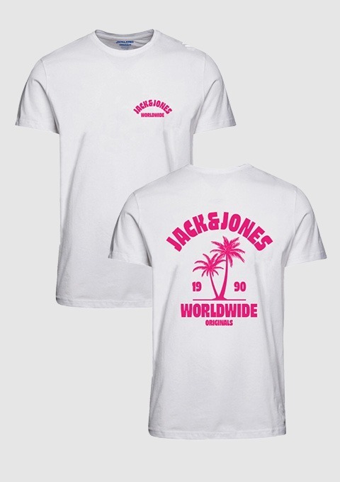 Weißes T-Shirt mit rosa Aufdruck, Schriftzug „JACK & JONES WORLDWIDE 1990 ORIGINALS“ und einem Palmbaum auf der Rückseite.