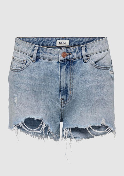 Jeansshorts in hellblau mit Fransen und Destroyed-Effekten.