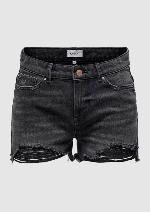 Schwarze Jeansshorts mit ausgefransten Säumen.