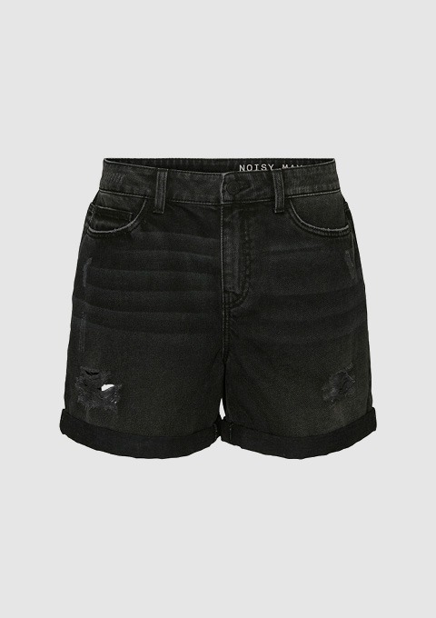 Schwarze Denim-Shorts mit destroyed Details und umgeschlagenem Saum.