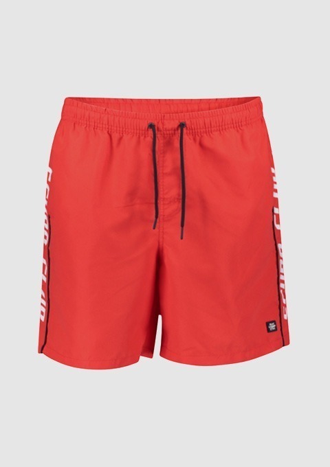Rote Badeshorts mit Kordelzug und Druck an der Seite.