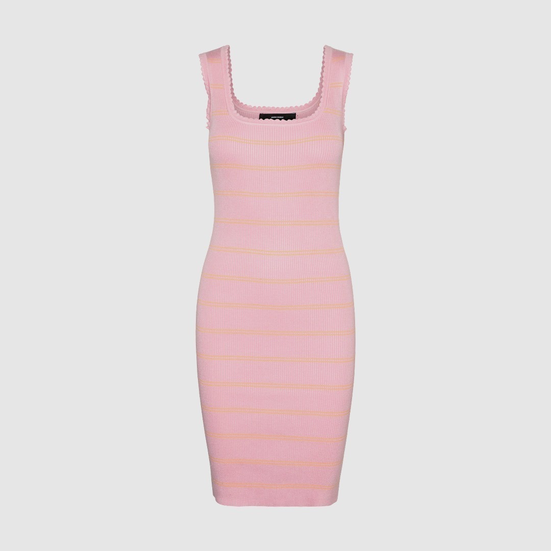 Ein rosa Kleid mit gelben Streifen und schmalen Trägern.